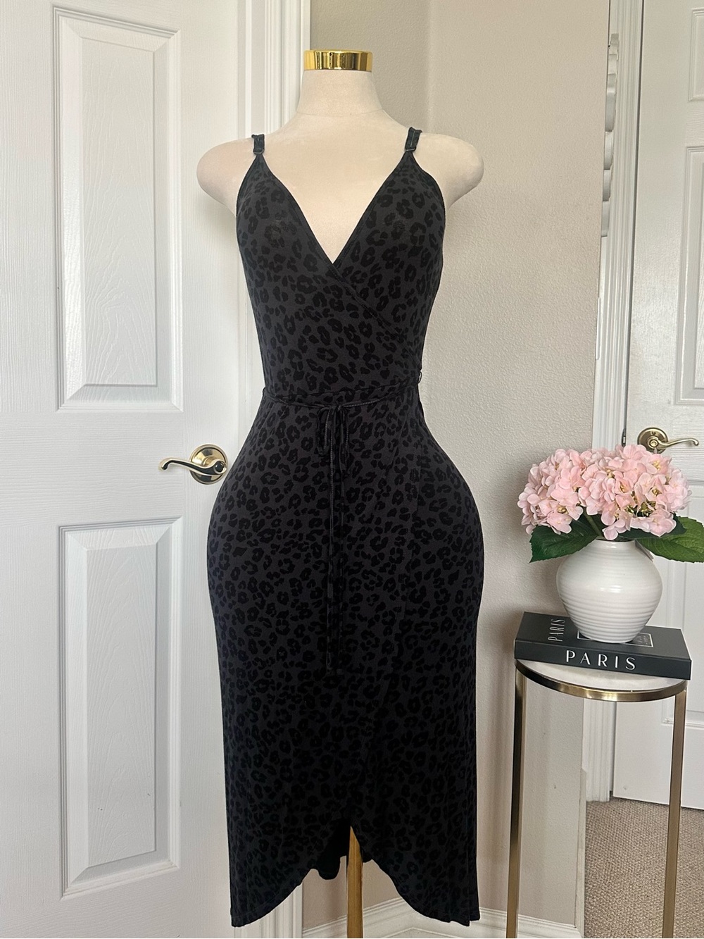Z Supply Black Leopard-Print Faux Wrap Midi Maxi Dress with Tie Sz S